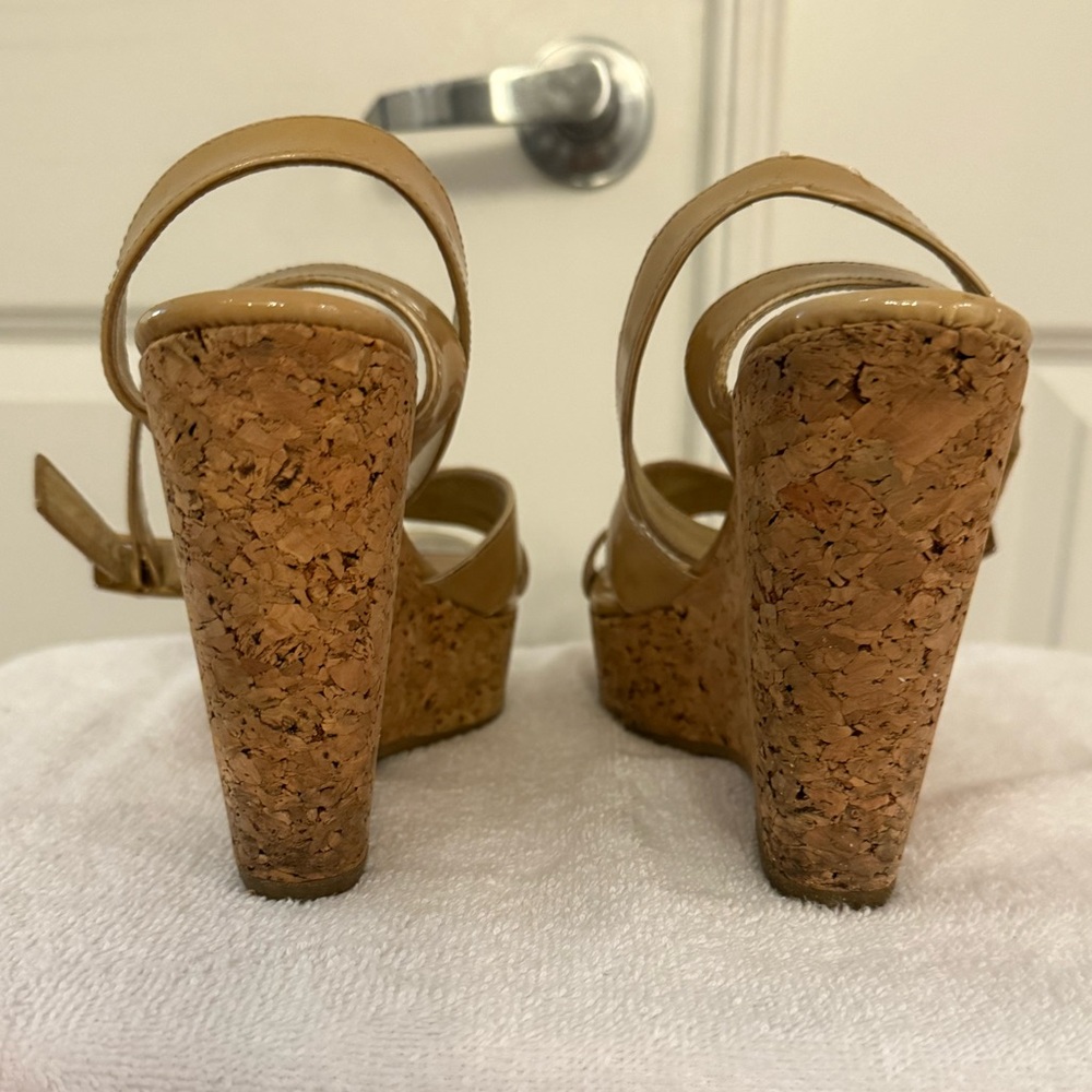 Jimmy Choo Tan Patent Cork Wedge Ankle Strap Sandals - Picture 6 of 7